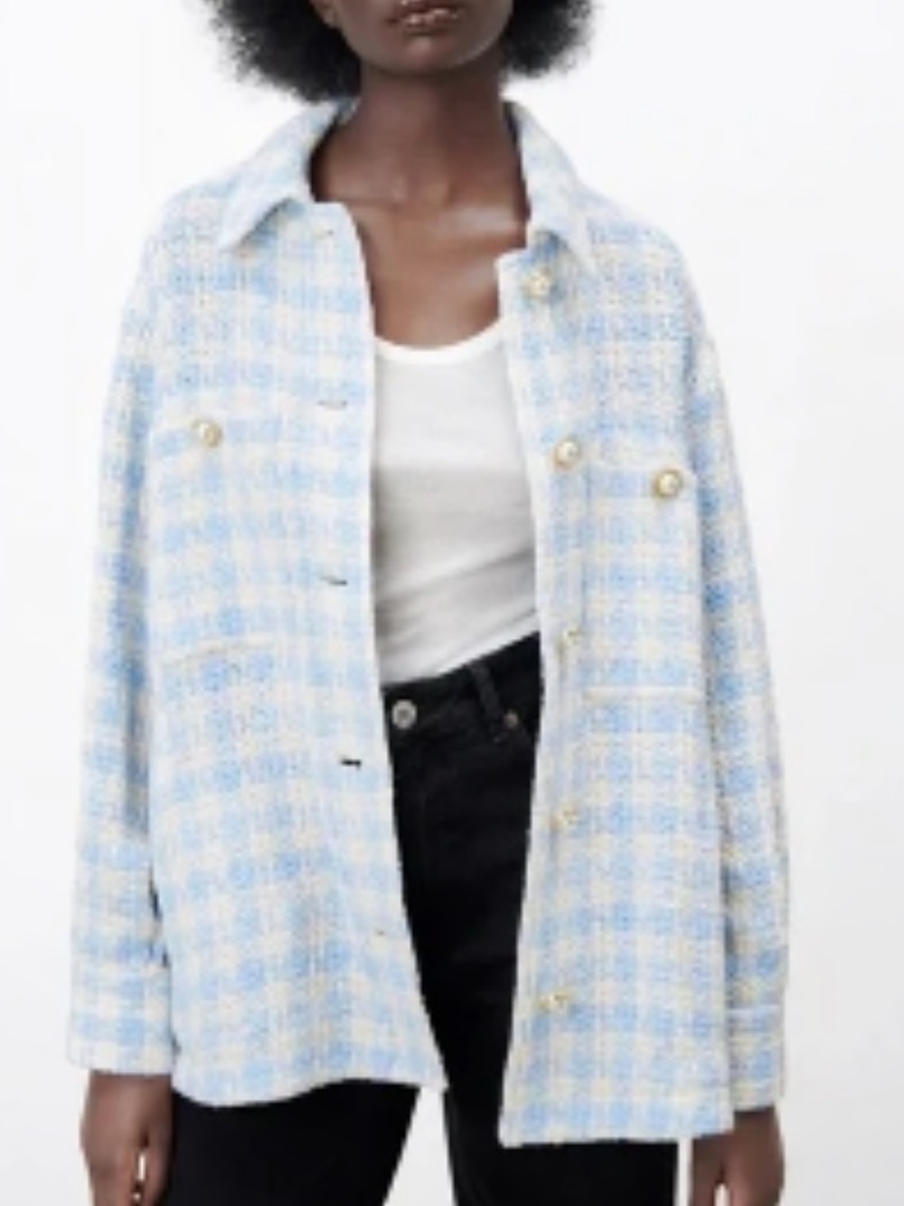 ZARA Light Blue Tweed Plaid Shacket Jacket Pearl Buttons Oversized